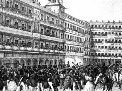 Celebración en Madrid, en 1836, por la nueva proclamación de la Constitución de 1812.