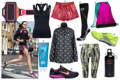 RUNNING. 1. Adidas by Stella McCartney Funda para el mvil para el brazo. 2. Puma Top con dobles tirantes de rejilla. 3. Bershka Shorts con cordn en la cintura. 4. CEP Calcetn especial running. 5. Nike Bolsa tricolor. 6. Mango. 7. Adidas Originals Chubasquero con print de corazones. 8. Reebok Zapatilla de deporte con amortiguacin. 9. Fakebake Autobronceador gradual Sport. 10. Reebok Leggings piratas. 11. Oysho Botella con leyenda. 12. Nike Zapatilla de deporte tricolor.