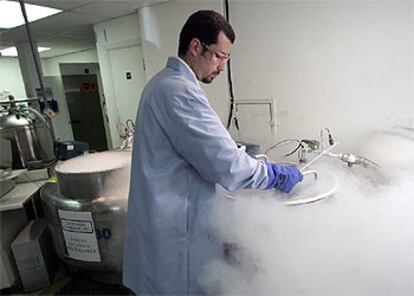 Un técnico cierra un tanque de nitrógeno líquido de esperma en el banco de semen California Cryobank.