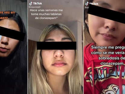 Vídeos de tres jóvenes en TikTok hablando sobre clonazepam.