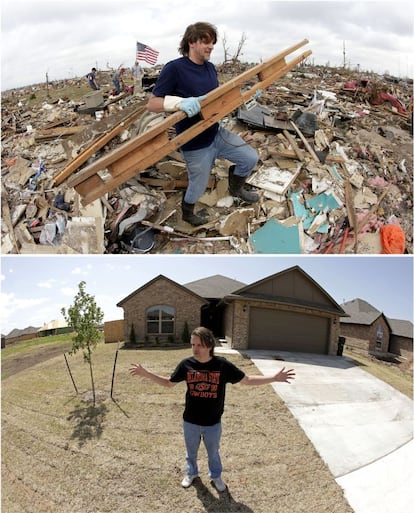 En la imagen de arriba, Kevin Kressler mueve escombros de su casa tras el paso del tornado el 25 de mayo de 2013. Abajo, Kressler se fotografía delante de su nuevo hogar el 8 de mayo de 2014, fue uno de los primeros residentes en regresar a su barrio.