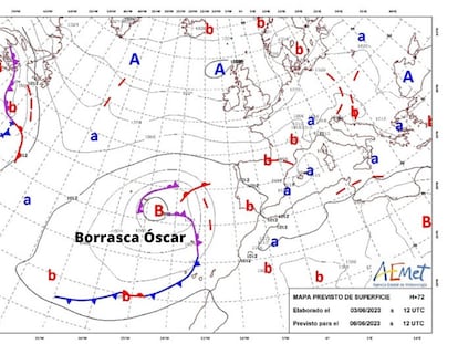 Posición de la recién nombrada borrasca 'Óscar' el próximo martes.