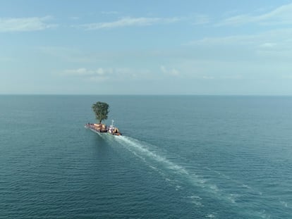 Una de las imágenes más poderosas de 'Taming the garden' es la de este árbol cruzando el mar Negro para ser transportado hacia un nuevo jardín.