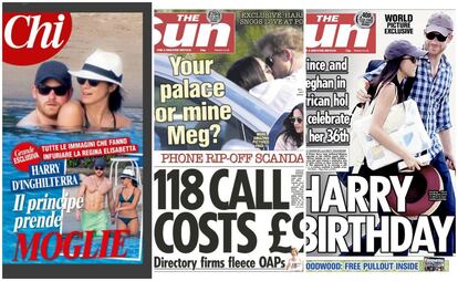 Son varias las veces que los fotógrafos han captado los encuentros de la pareja. En la imagen, de izquierda a derecha: el príncipe Enrique y Meghan Markle en la portada de la revista 'Chi' el pasado marzo durante su estancia en Jamaica; de nuevo en la primera página de ‘The Sun’, en un encuentro de la pareja en un partido de polo en mayo, y en una exclusiva foto del tabloide británico de la pareja durante una escapada el pasado verano.