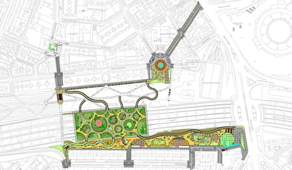 Plano del nuevo Parque Ventas presentado por el Ayuntamiento de Madrid, donde se muestran los ocho accesos peatonales que conectarán con el parque Quinta Fuente del Berro y la calle de Antonio Pirala.