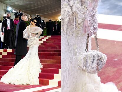 La espalda del vestido, con la espina dorsal de cuero, y un detalle del bolso.