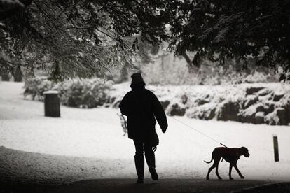 Una mujer pasea con su perro en Buxton (Reino Unido), donde ha caído una fuerte nevada