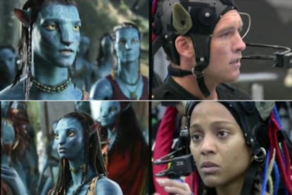 Sam Worthington (arriba) y Zoe Saldana, con los trajes que graban sus movimientos y los convierten en imagen digital (a su izquierda) en <i>Avatar.</i>