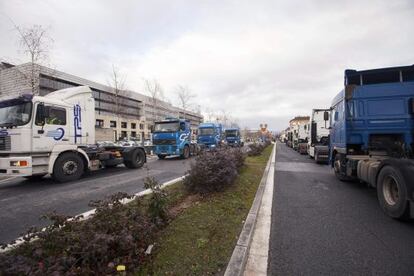 Los camioneros se han concentrado con sus vehículos frente a la sede del Gobierno en Vitoria.