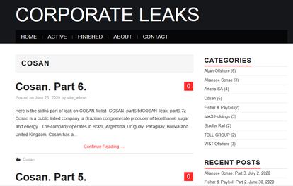 Captura de la página de Corporate Leaks que muestra la publicación de datos de la empresa Cosan.