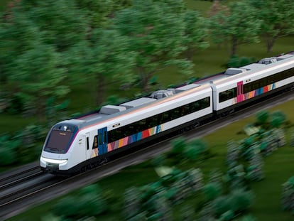 Un render de cómo se verá el paso del Tren Maya en el tramo que conecta Cancún y Tulum.