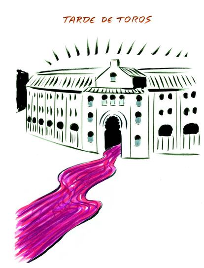 Un río de sangre sale de la plaza en 'Tarde de toros', una de las ilustraciones de El Roto para el libro 'Antitauromaquia'.
