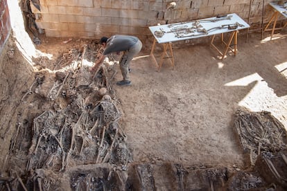 Restos óseos pertenecientes a la columna minera de Nerva encontrados en la fosa común 'Pico Reja', en el cementerio de San Fernando, Sevilla.