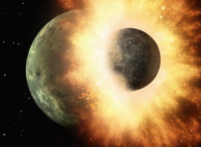 Ilustración de la colisión de un gran objeto con la Tierra primitiva que habría dado lugar a la Luna.