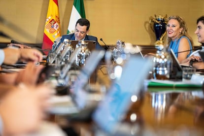 El presidente de la Junta de Andalucía, Juan Manuel Moreno, preside una reunión del Consejo de Gobierno.