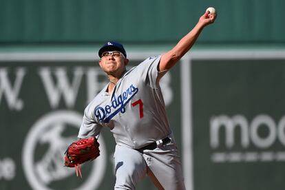 Julio Urías pitches at Fenway Park during a game against the Red Sox on August 26.