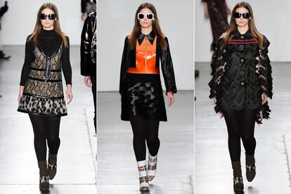 Las tres salidas de la modelo en el show otoño-invierno 2016/2017 de Custo en la New York Fashion Week.