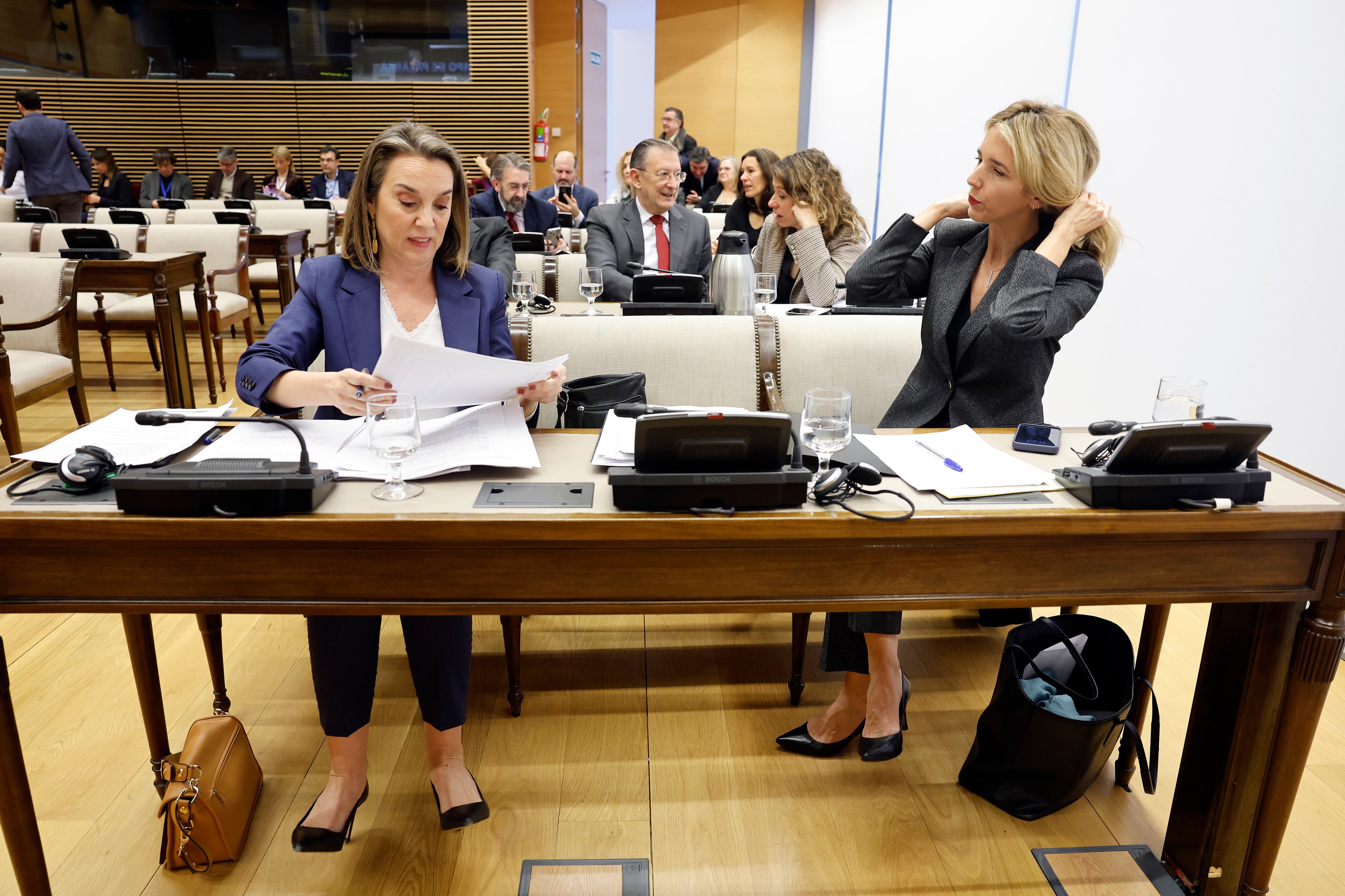 Las diputadas del Partido Popular, Cuca Gamarra (a la izquierda) y Cayetana Álvarez de Toledo, durante la comisión, este jueves.