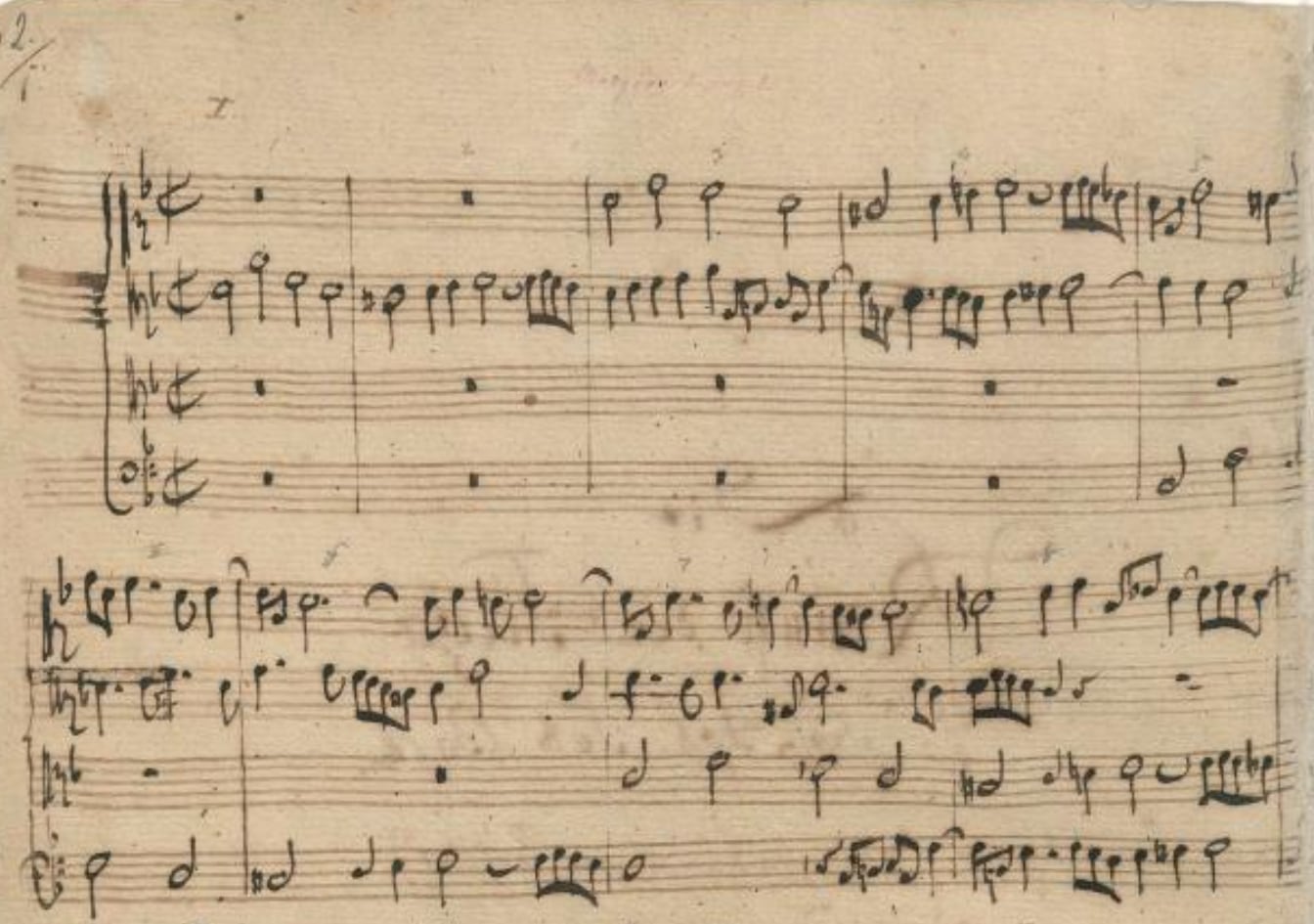 Comienzo del manuscrito autógrafo de Bach del Contrapuntus I de 'El arte de la fuga' de Bach.