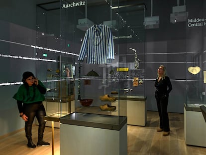 Concentration camp uniform that Jews were forced to wear, on display at the National Holocaust Museum in the Netherlands.