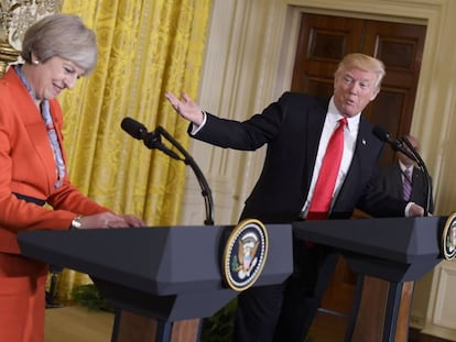 O presidente Trump e a primeira-ministra May durante a conferência de imprensa.