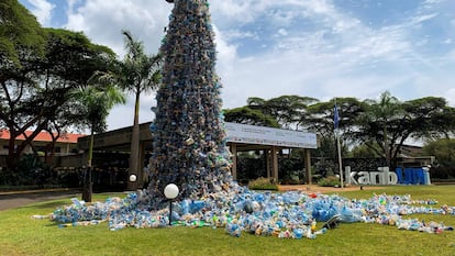 A monument dubbed "turn off the plastic tap" by Canadian Benjamin von Wong, at the United Nations Environment Programme (UNEP) Headquarters in Nairobi, Kenya February 25, 2022.
