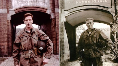 El actor Damian Lewis haciendo de Richard Winters en 'Hermanos de sangre' (a la izquierda) y el Capitán Richard 'Dick' Winters posando en Schoonderlogt (a la derecha).