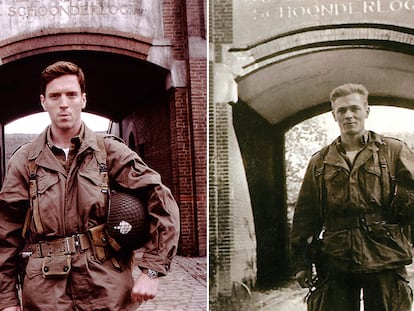 El actor Damian Lewis haciendo de Richard Winters en 'Hermanos de sangre' (a la izquierda) y el Capitán Richard 'Dick' Winters posando en Schoonderlogt (a la derecha).