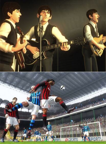 <i>Rock Band Beatles,</i> el esperado debut en videojuego de la banda de Liverpool (arriba) y escena de <i>FIFA 201o.</i>