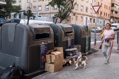 Una mujer y sus perros pasan ante un contenedor con basura y cajas de cartón alrededor, el sábado en el barrio de Pueblo Nuevo (este).
