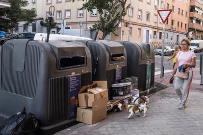 Una mujer pasa con un par de perros delante de un contenedor con basura y cajas de cartón, en Pueblo Nuevo, en el este de Madrid.
