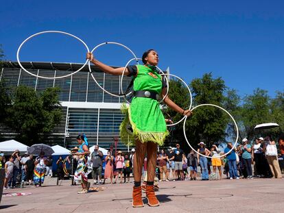 Performers from the Native American Hoop Dance of Ballet Arizona dance at an Indigenous Peoples' Day festival Monday, Oct. 9, 2023, in Phoenix