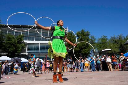 Performers from the Native American Hoop Dance of Ballet Arizona dance at an Indigenous Peoples' Day festival Monday, Oct. 9, 2023, in Phoenix