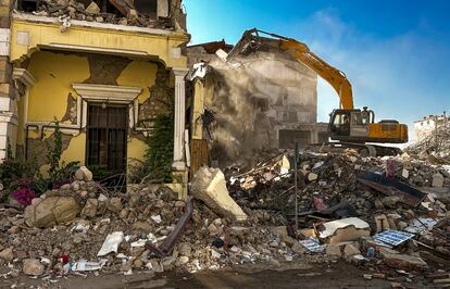 The remains of buildings destroyed during the earthquake are pictured in Antakya, southeastern Turkey Saturday, Aug. 5, 2023