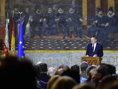 El presidente de la Generalitat, Ximo Puig, durante su intervenci&oacute;n en el Palau.