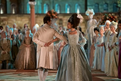 Corey Mylchreest, as the young King George III, and India Amarteifio as the young Queen Charlotte, in the sixth episode of 'Queen Charlotte: A Bridgerton Story.'