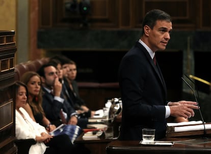 El candidato socialista a la presidencia del Gobierno, Pedro Sánchez, durante su intervención en la primera jornada del debate de investidura.