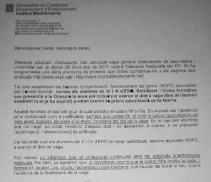 Carta del centro Mediterrània de Castelldefels.