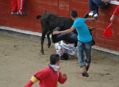 Un toro arrolla a uno de los corredores en la plaza de toros.