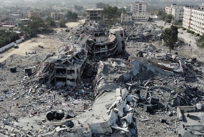 Residential buildings destroyed in Israeli attacks in southern Gaza City.