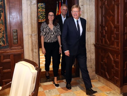 El presidente de la Generalitat, Ximo Puig, y los vicepresidentes Aitana Mas y Héctor Illueca, este lunes.