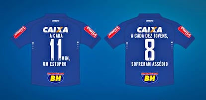 Números da violência contra a mulher na camisa do Cruzeiro.