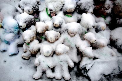Osos de peluche cubiertos de nieve, en recuerdo de las víctimas