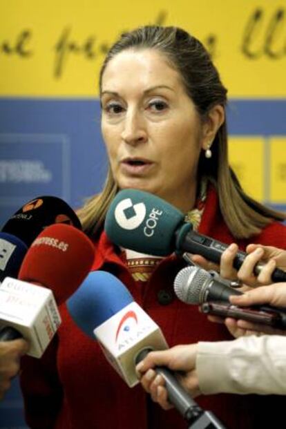 La ministra de Fomento, Ana Pastor, durante las declaraciones que ha realizado hoy a la prensa en las que ha pedido "responsabilidad y sacrificios importantes", tanto a Iberia como a los representantes de los trabajadores, pocas horas antes de su reunión con el mediador Gregorio Tudela, designado por su ministerio para facilitar un acuerdo entre las partes.