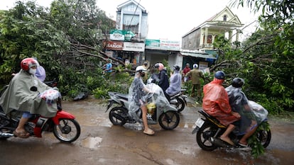 VINH (Viet Nam), 26/08/2025.- Motorists ride pass a fallen tree on a street in Vinh City, Nghe An province, Vietnam, 26 August 2025. Typhoon Kajiki made landfall in central Vietnam on 25 August, bringing torrential rains, mass evacuations, and the closure of airports and schools. EFE/EPA/LUONG THAI LINH