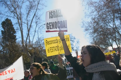 Una mujer sujeta un cartel durante una manifestación en apoyo a Palestina, este sábado en Madrid. 