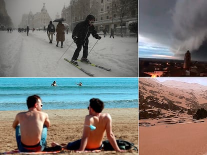 En lo que va de temporada, se han sucedido fenómenos raros y extremos, desde la gran nevada del siglo a tormentas en el interior, 30º en Alicante y lluvia de barro en los Pirineos. SAMUEL SÁNCHEZ / ANNA OLIVA / KAI FÖRSTERLING (EFE) / JORGE MAYORAL