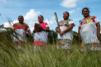 De izquierda a derecha: Enedina Canul y sus dos hijas, Alvi Yajaira y Yessica Yazmin, y Fermina Dzib, capitana del equipo de sóftbol las Amazonas de Yucatán. Las integrantes no siempre tienen dinero para segar el césped de su campo de entrenamiento, a las afueras de Yaxunah. Procuran hacerlo, al menos, una vez al mes.