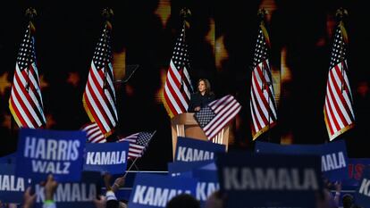 Kamala Harris, en un momento de su discurso en la convención demócrata en Chicago.