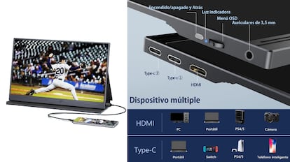 Monitor portátil con compatibilidad amplia con diferentes dispositivos.